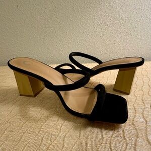 Black Double-Strap Block Heel Sandals with Gold-Tone Block Heel